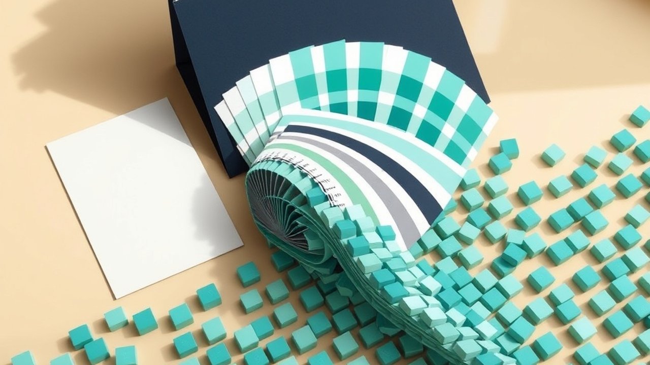 Conceptual illustration of blank creative brief cards, a color swatch deck and project folders connected to abstract data tiles.
