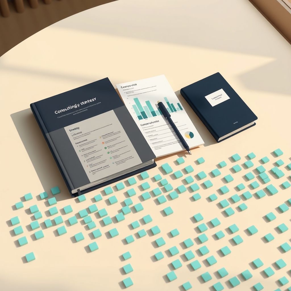 Conceptual illustration of project workbooks, strategy cards and a meeting notebook connected to abstract data tiles.