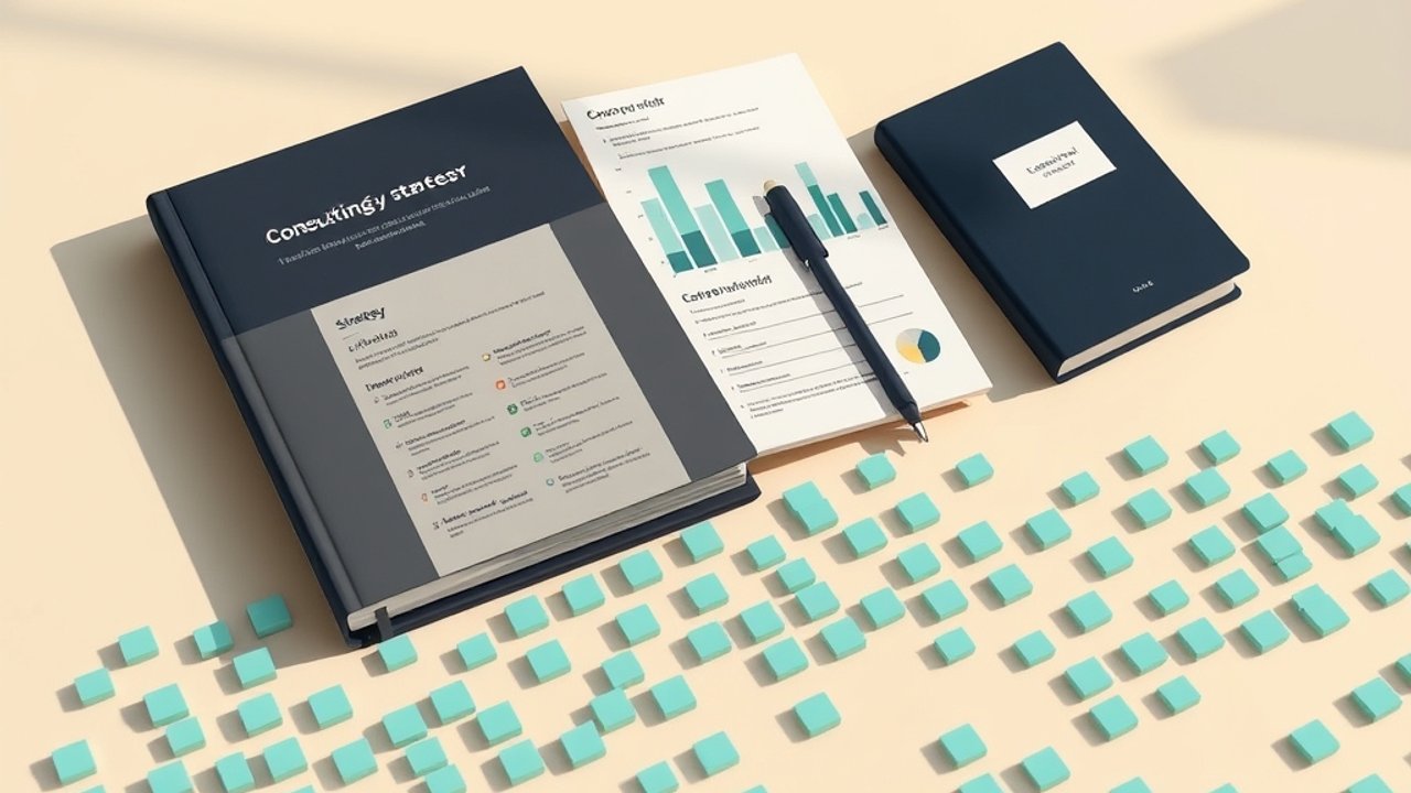 Conceptual illustration of project workbooks, strategy cards and a meeting notebook connected to abstract data tiles.