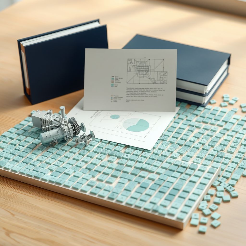 Conceptual illustration of a precise engineering model, an unmarked technical drawing and review folders connected to abstract data tiles.