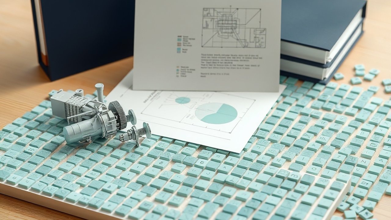 Conceptual illustration of a precise engineering model, an unmarked technical drawing and review folders connected to abstract data tiles.