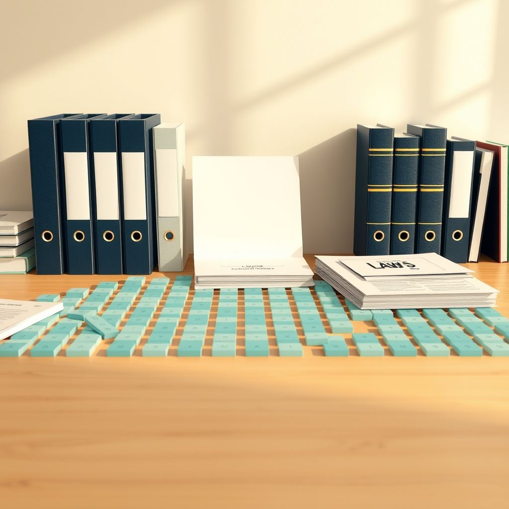 Conceptual illustration of closed legal case folders, library volumes and neatly organized review papers connected to abstract data tiles.