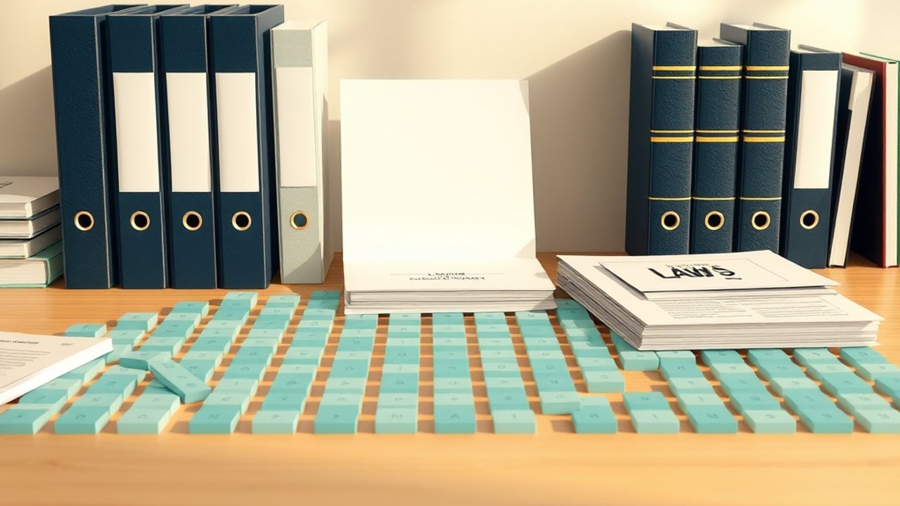 Conceptual illustration of closed legal case folders, library volumes and neatly organized review papers connected to abstract data tiles.