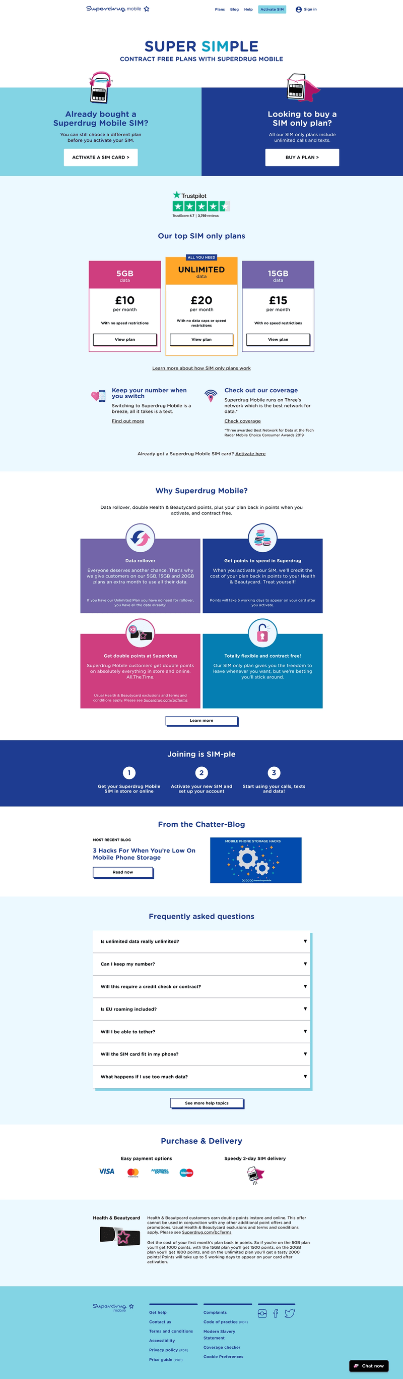 Screenshot of Superdrug Mobile's landing page.