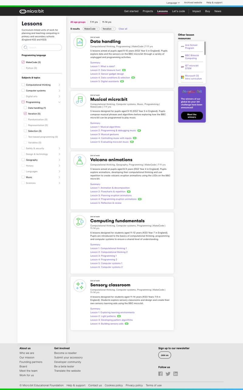 Screenshot of microbit.org Lessons page