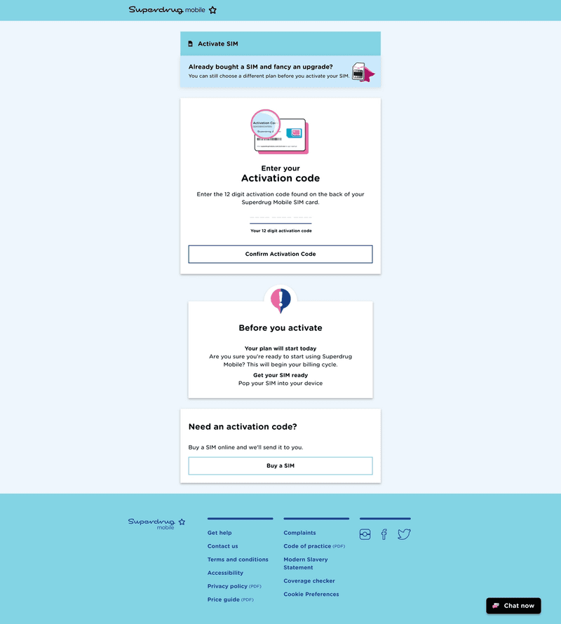 Screenshot of Superdrug Mobile's onboarding page.