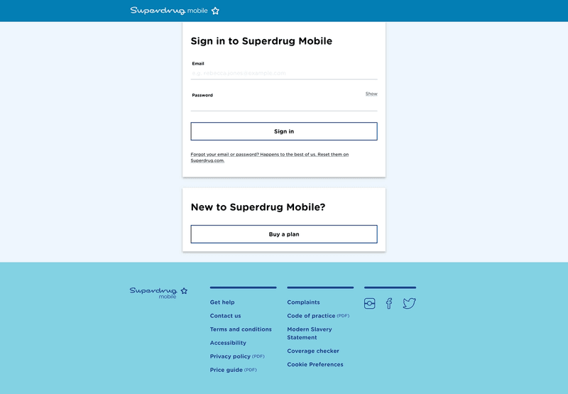 Screenshot of Superdrug Mobile's sign-in page.