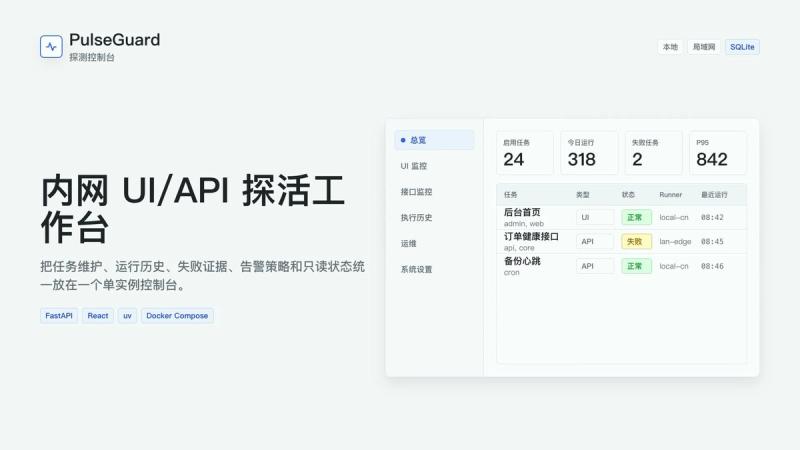 PulseGuard 项目封面：内网 UI / API 探活工作台
