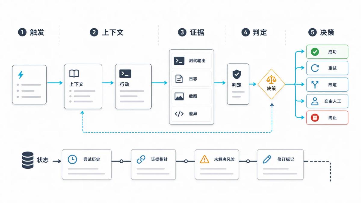 一个最小 Loop 的触发、上下文、行动、证据、判定、决策和状态轨道