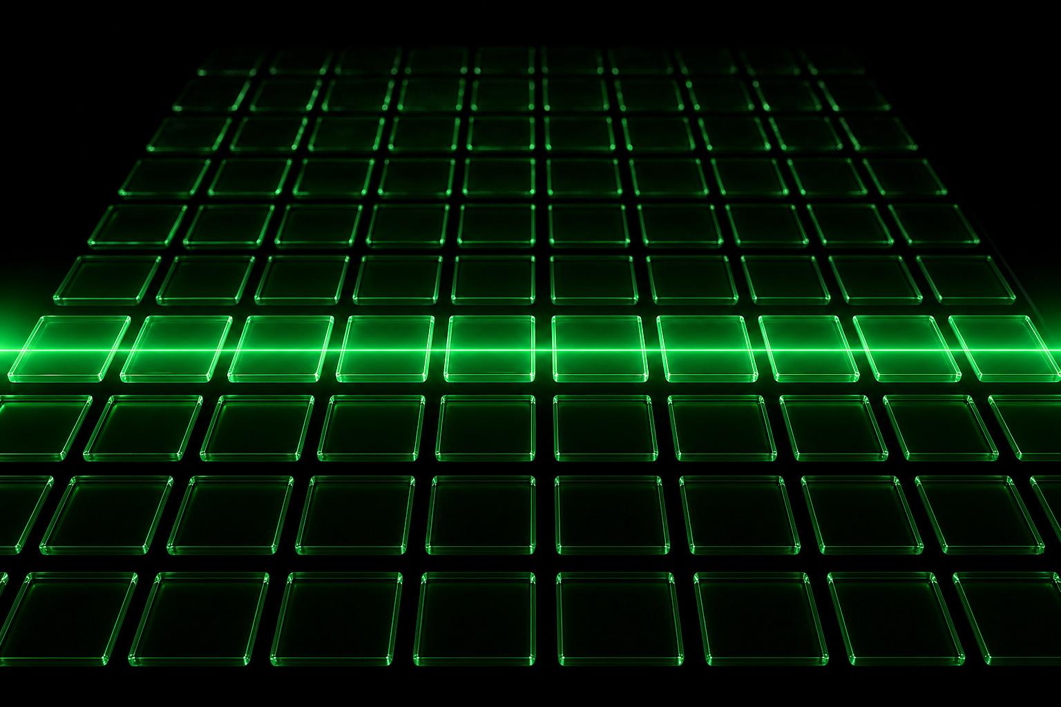 Rows of green glass tiles on a black background, some lit and some dark, like a scanned product grid