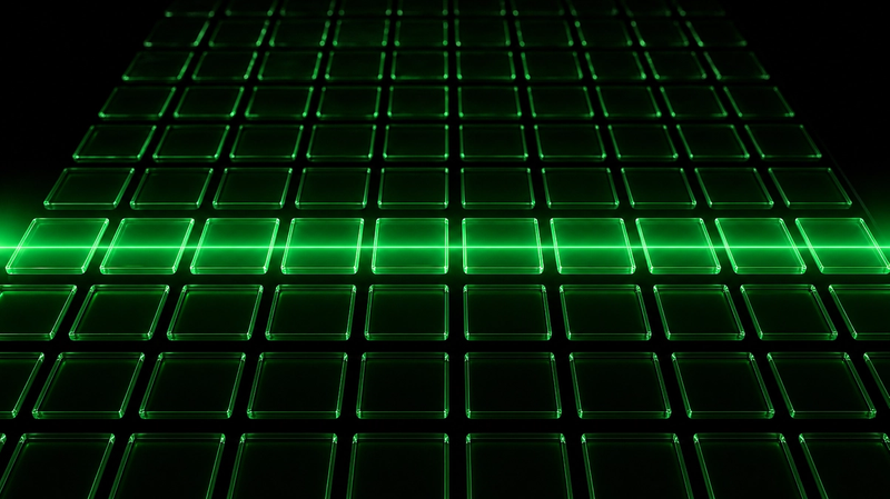 Rows of green glass tiles on a black background, some lit and some dark, like a scanned product grid