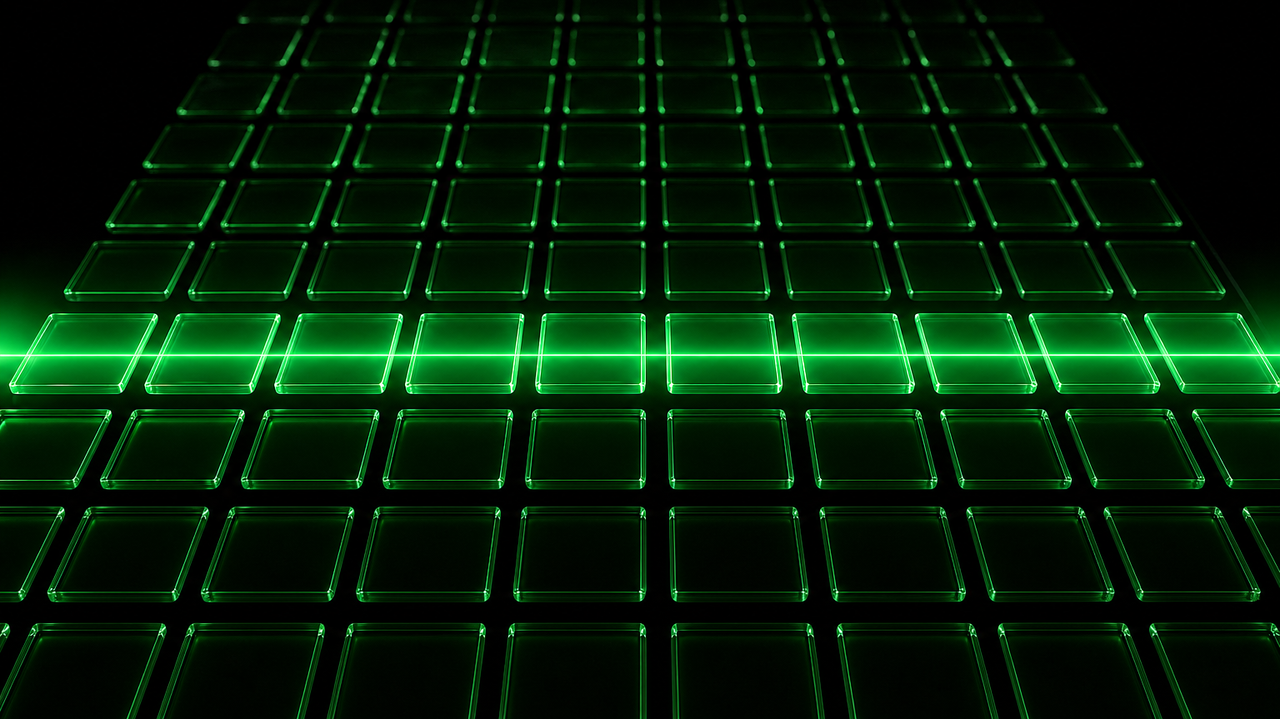 Rows of green glass tiles on a black background, some lit and some dark, like a scanned product grid