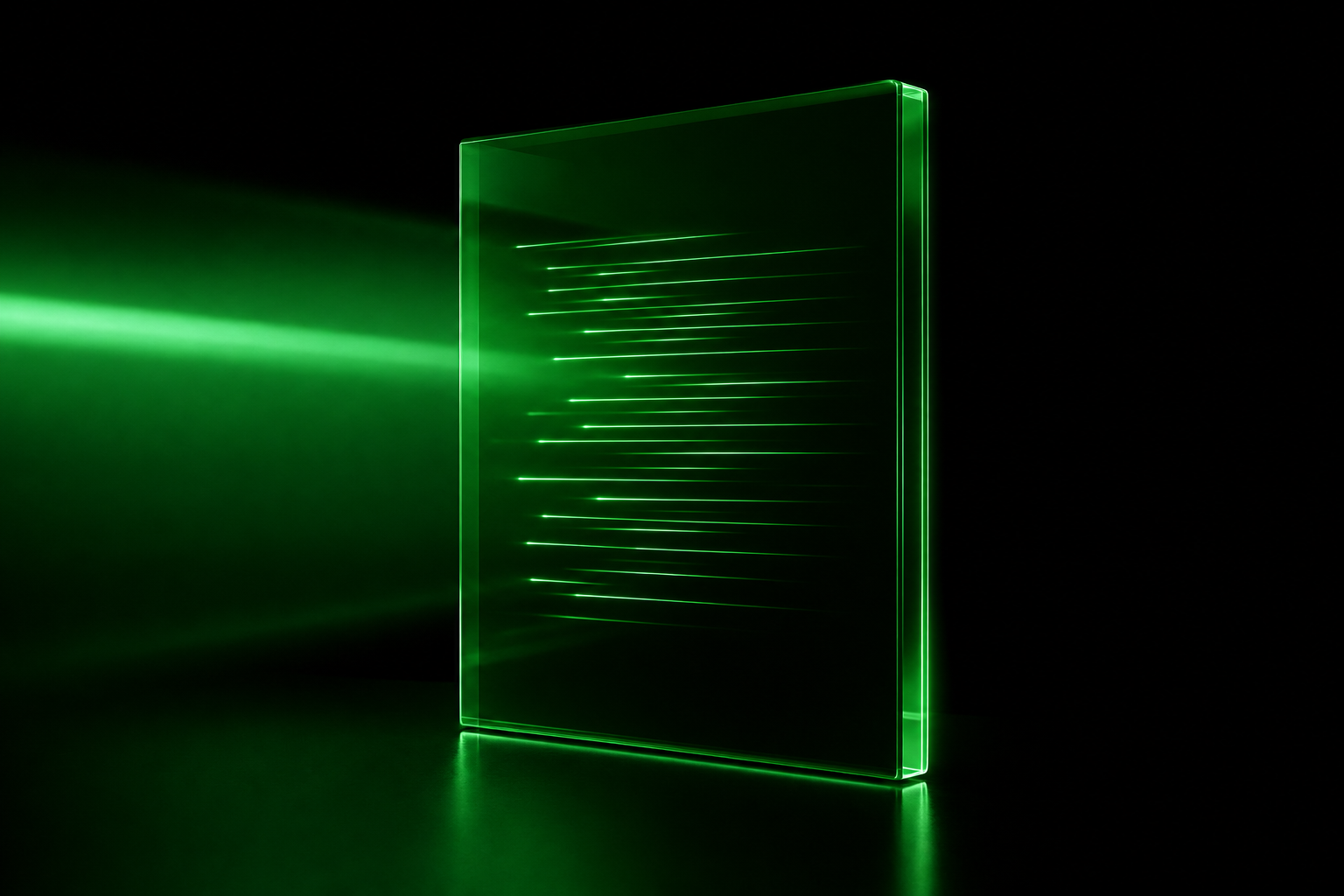 A glowing green glass sheet on a black background with light lines that look like lines of text