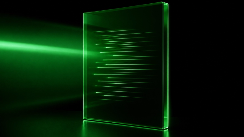 A glowing green glass sheet on a black background with light lines that look like lines of text