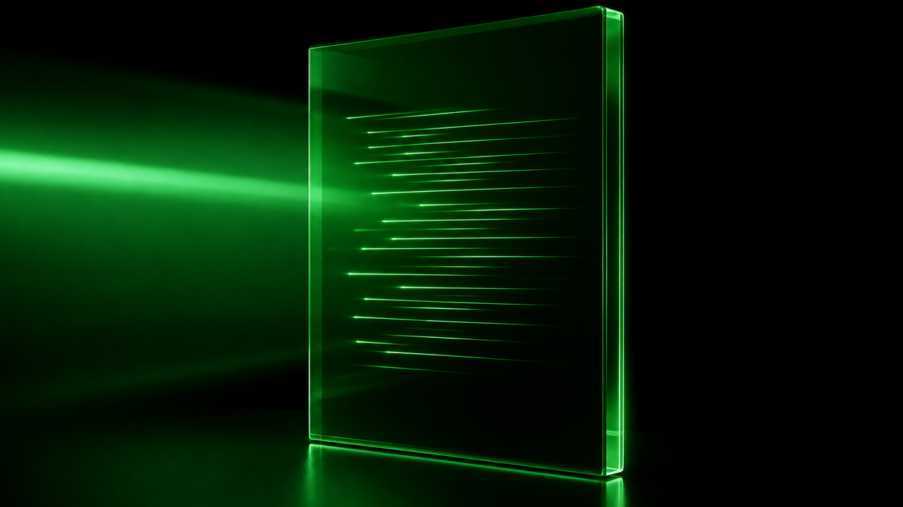 A glowing green glass sheet on a black background with light lines that look like lines of text