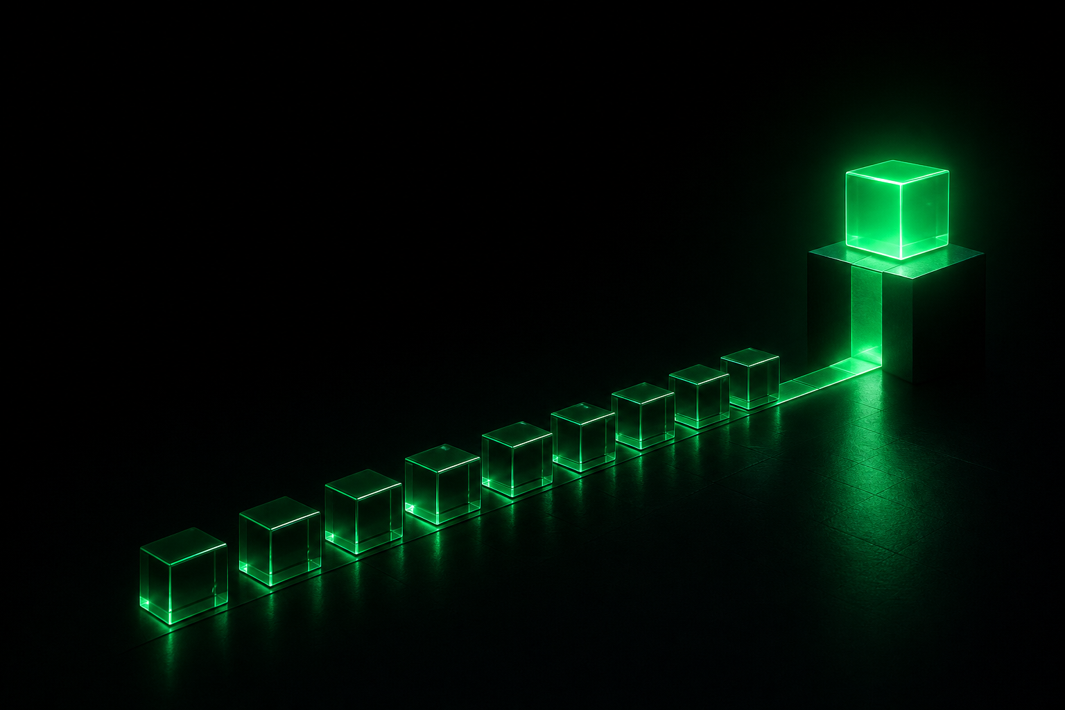 Green glass blocks on a black background, arranged like a path that leads to one raised block