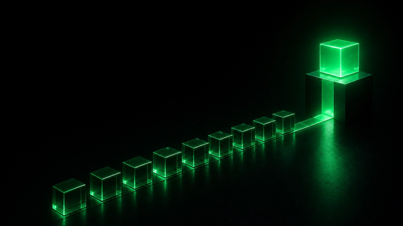 Green glass blocks on a black background, arranged like a path that leads to one raised block
