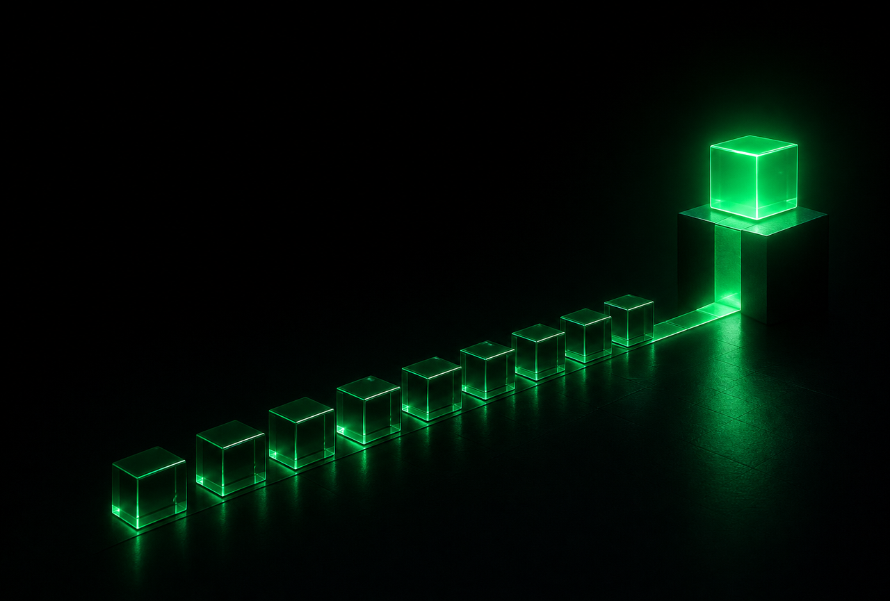 Green glass blocks on a black background, arranged like a path that leads to one raised block