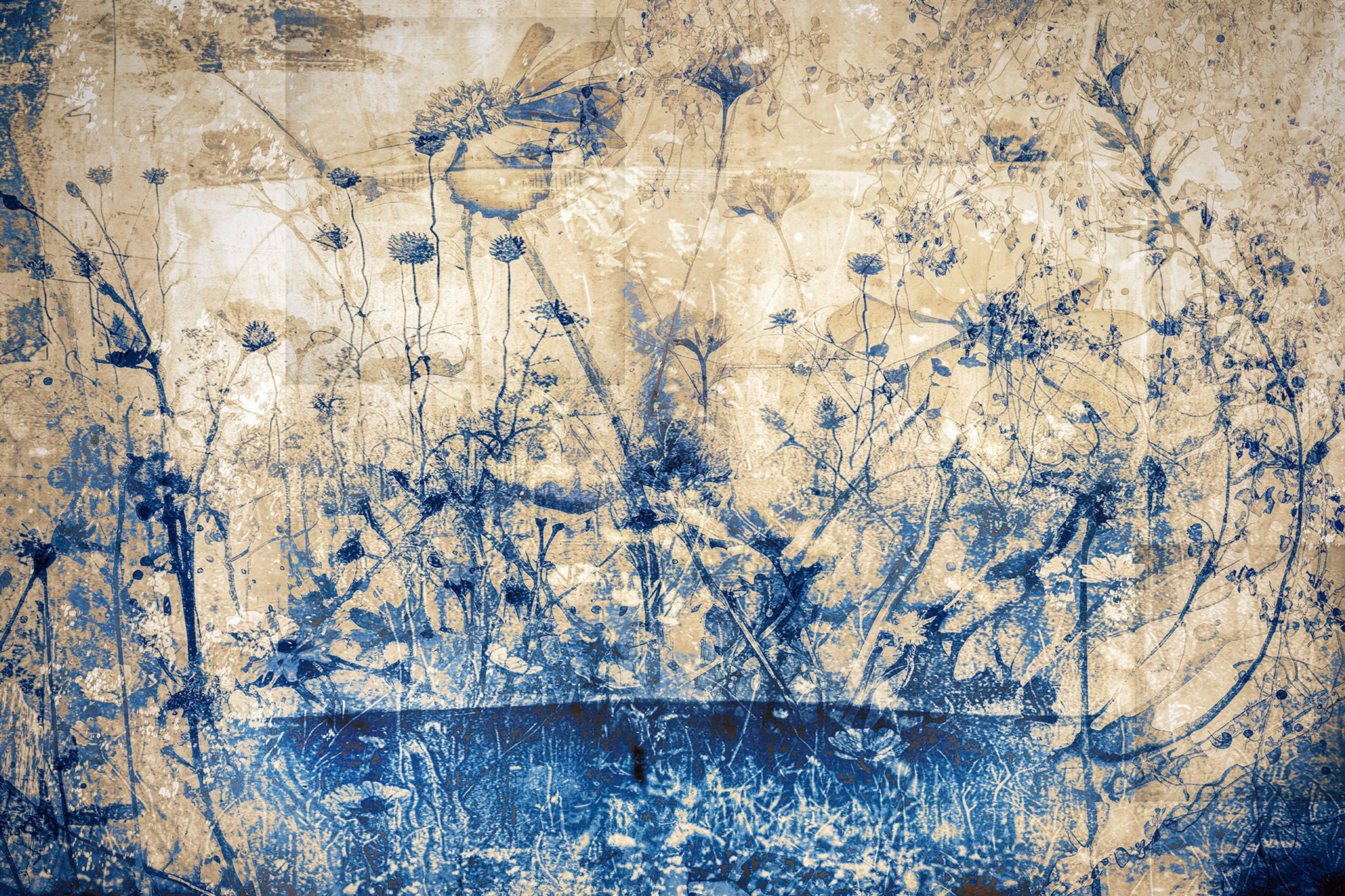 Wild seed heads and grasses printed in deep blue on a mottled parchment ground, with a darker band of blue across the lower half.