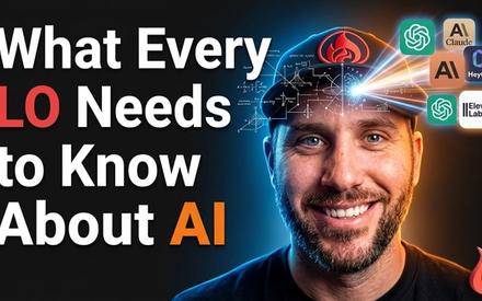 Loan officer using AI tools on a laptop with mortgage documents on the desk