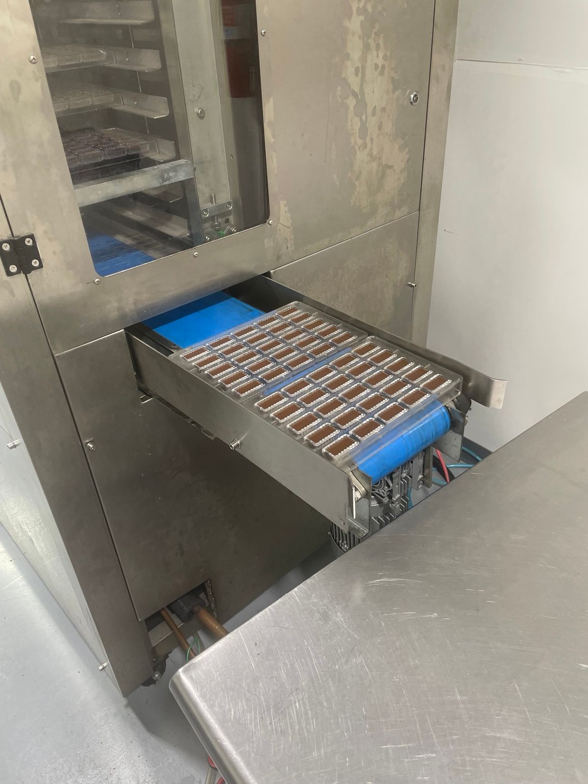 A cooling-tunnel drawer of freshly molded GSX chocolate squares emerging onto the production line