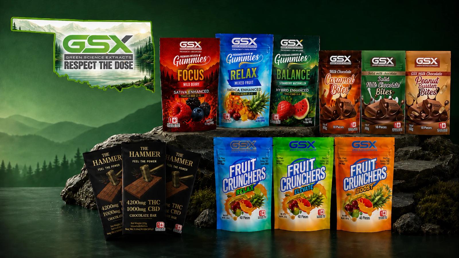 GSX product lineup: Precision Crafted Gummies, The Hammer, Fruit Crunchers, and Chocolate Bites