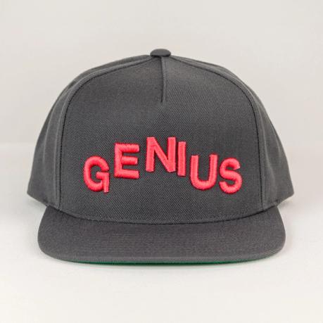 A photograph of a dark grey baseball hat with the words GENIUS spelled out in staggered red embroidery. The cap is directly facing the viewer.