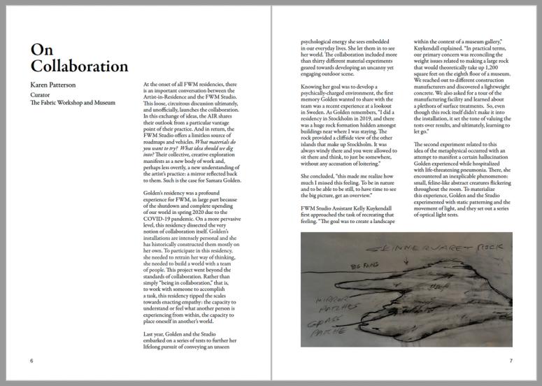 A book spread featuring an article titled "On Collaboration" by Karen Patterson, curator at The Fabric Workshop and Museum. A gray picture on the lower right features a drawing of rock material with handwritten notes.