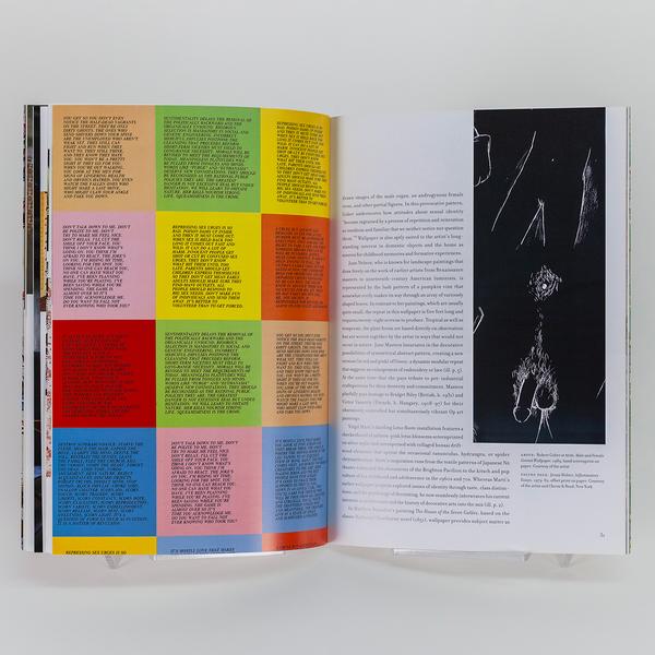 An open book. The left shows a full-page photo of a colorful grid where each square features a short inflammatory prose. The right shows text and an illustration of genitalia.