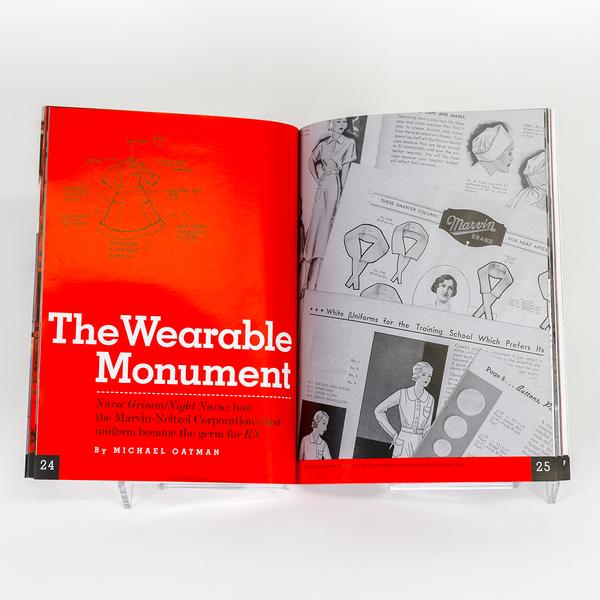 A book spread introducing a chapter called "The Wearable Monument." The left page is fully saturated in red with the article title, intro, and a small annotated illustration of a uniform. On the right page, a collage of sheets from an old magazine or book exploring nurse training and uniforms with black and white illustrations.