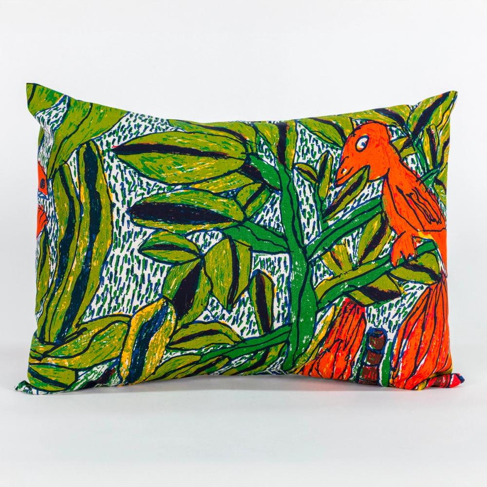 A photo of a rectangular decorative pillow. The pattern on the pillow features a colorful design of hand-drawn leafy foliage, flowers, and wild creatures.
