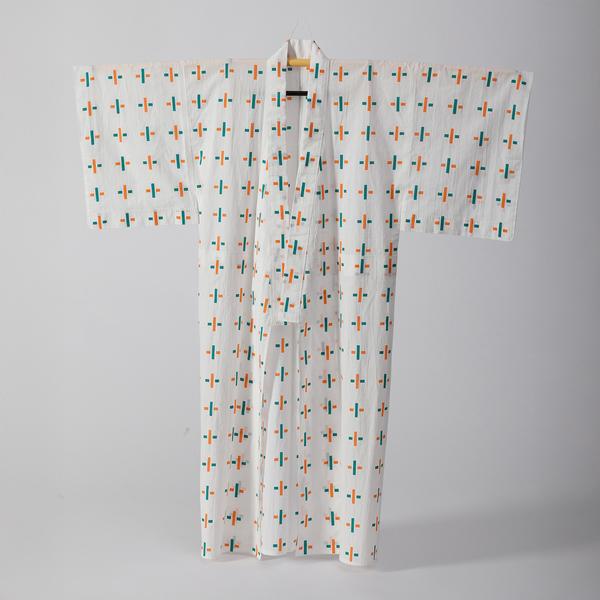 Hand-sewn white yukata with cross designs adorning the garment in orange and green. Men's design has a solid vertical line in the cross. An obi (sash) also accompanies the garment.