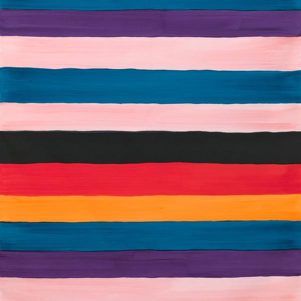 Painted horizontal stripes of alternating light pink, purple, blue, ochre, red, and black