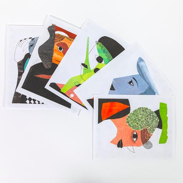 A photograph of five risograph prints on white paper, fanned out on a white background. The prints consist of single portraits of stylized women illustrated by Jessica Campbell