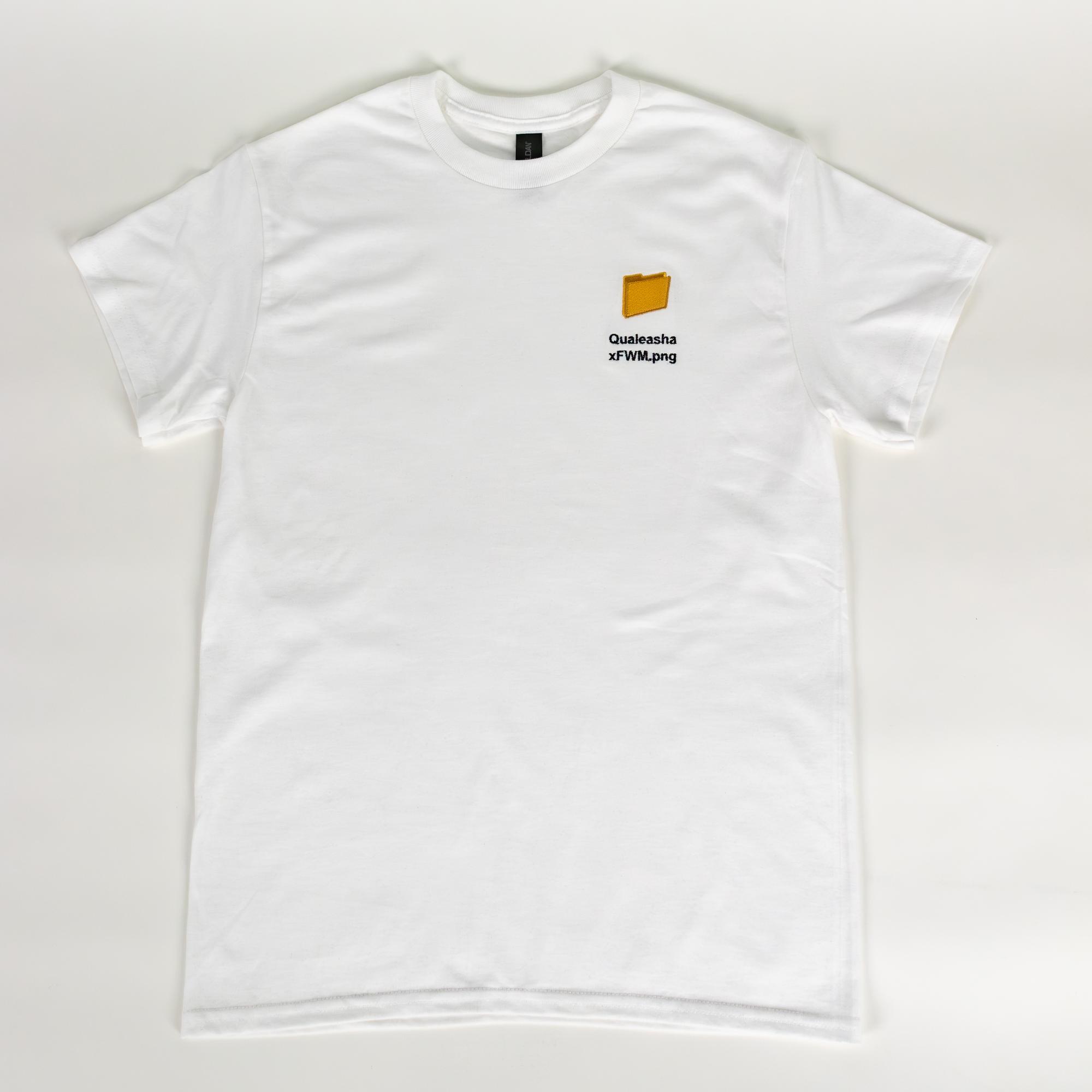 A photo of a white t-shirt with a 1.5 inch yellow computer desktop folder embroidered on the upper left side of the shirt. Below the folder reads "Qualeasha x FWM.png" in black embroidery thread.