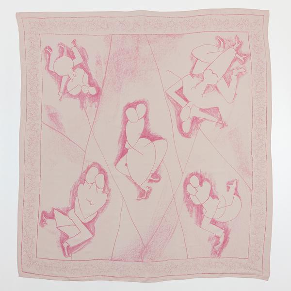 An image of the scarf laid out against a white background. The scarf is a light pink square, with abstract line-drawn figures erotically intertwined in a darker shade of pinl.