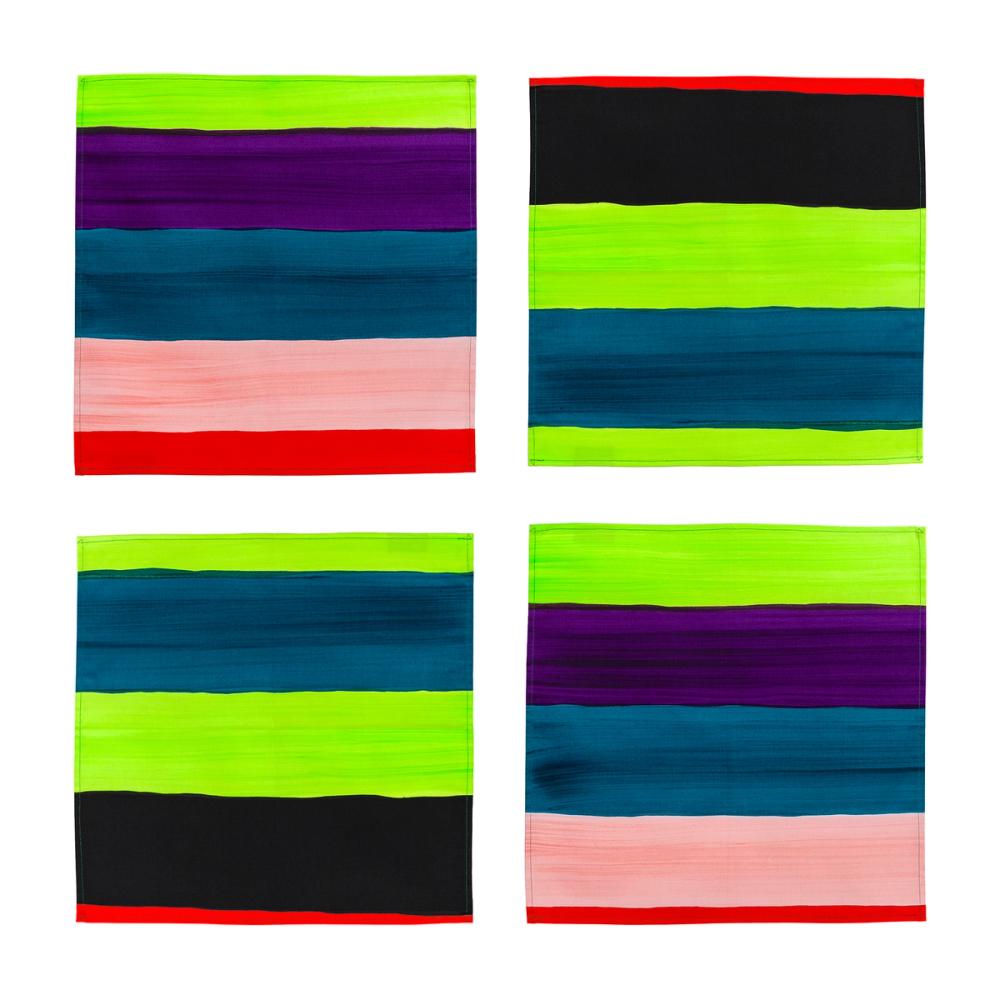 A set of four fabric napkins featuring painted horizontal stripes of alternating light pink, purple, teal, chartreuse, red, and black