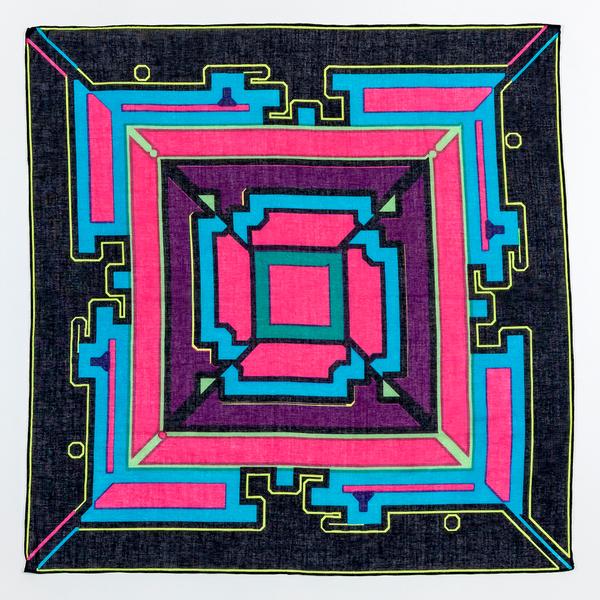 A second colorway of the kerchief is shown against a white background. This scarf is primarily black, blue, and bright pink, with a purple border around the inner design and neon green accents.