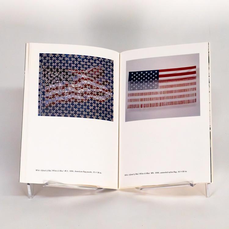 An open book spread featuring two photographs. On the left is a photo of an American flag flying against a blue sky. There are puzzle pieces missing creating a checkerboard effect over the photo. On the right is a photograph of an American flag hanging against a white wall. The flag appears to have been shredded about 3/4 up the height of the flag.