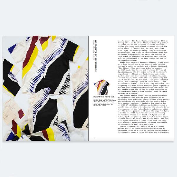 A book spread featuring a full spread image on the left and text on the right. The image features several colorful shirts with red, yellow, blue, black, and white stripes and blue and black Ben-day dots.