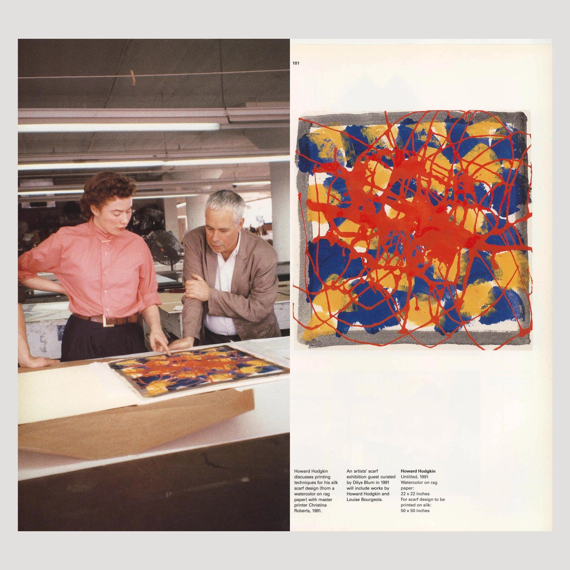A spread of a book where on the left there are two artists discussing an artwork that is laying on a table in a studio, and on the right is the abstract watercolor design the artists are discussing.
