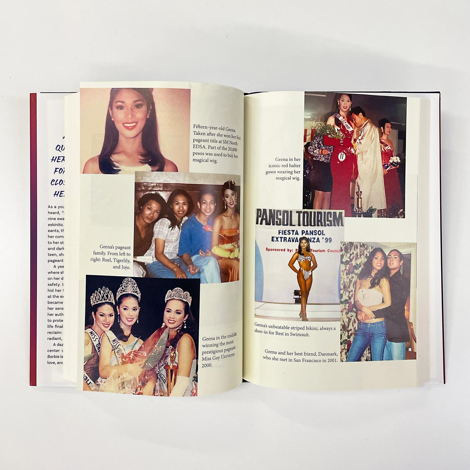 A book open to a spread of collaged images, with three on each page. The images are of the author when she was paginating.