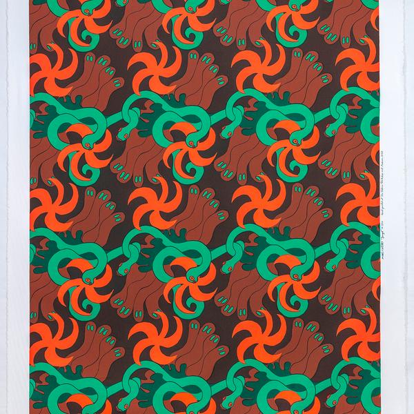 A repeating textile pattern featuring stylized green snakes intertwined with abstract brown shapes and bright orange spirals on a dark brown background printed on white fabric. There is a signature running along the right white edge of the fabric.