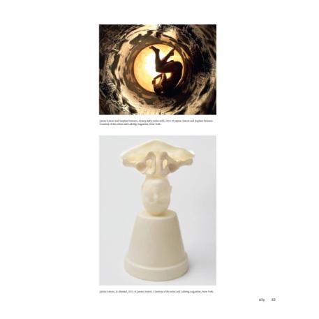 A one-page preview of a page with two images, each with their own description underneath. Each of the images are of artworks; the first one is a still from a video where a naked adult human figure is in the fetal position in what appears to be a tunnel. The figure is backlit by a golden circular light at the end of the tunnel. The second image is a white, marble sculpture of an upside down human head resting on an upside down garden pot.