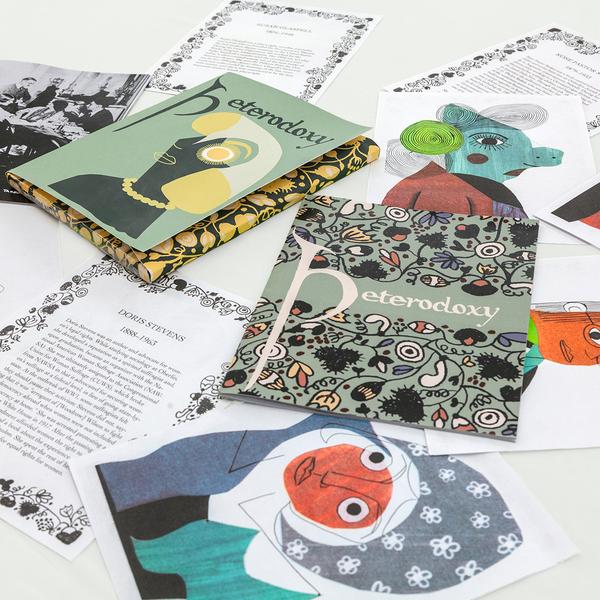 A photograph of scattered papers and a portfolio consisting of screenprinted case, colorful risographs of illustrations of women, and a digitally printed booklet. The title of the booklet reads "heterodoxy"