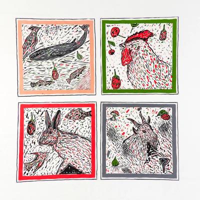 A set of four napkins, each featuring drawings of animals with lively mark-making, outlined by a bold, single-color border. On the top left, outlined in peach, is an image of a whale with other fish and even a bird above it; on the top-right, outlined in green, is a rooster in profile with fruits floating around it; on the bottom-left, outlined in red, is a rabbit with a bird, fish, and fruit around it; on the bottom-right, outlined in gray, is a goat, with a fruit, garlic, and a mushroom nearby.