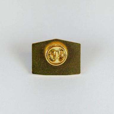 An image of the back of an enamel pin against a light gray background. The back of the pentagon-shaped pin is brass colored with a circular clasp.