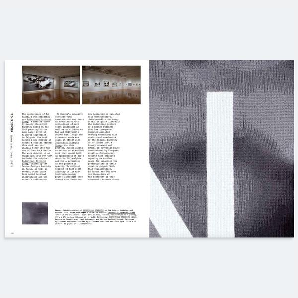 A book spread featuring text on the left along with two small images and a full sized image on the right page. The two images on the left are of an art installation with 2D works on the walls. On the right is an up-close detail of a gray toned tapestry with a part of a large white letter N to show the weave texture.