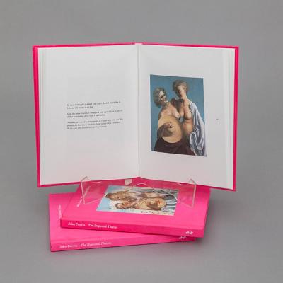 A pink book stands upright atop two other copies against a gray background. It is spread open to show two pages: one the left is a mostly blank page with three short paragraphs, about a sentence or two each, at the center. On the right is a painting of two older white women smiling and embracing one another. They are both bare-chested. The woman on the left holds a hat over her body while the woman on the right has a shawl draped over her left shoulder and arm..