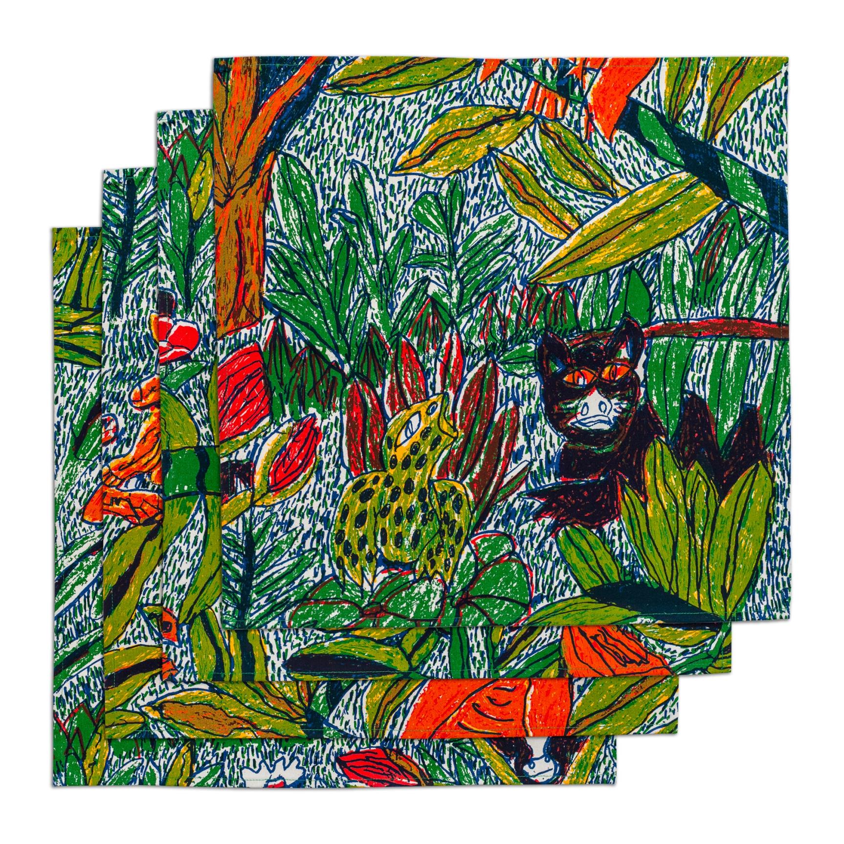 A photo of four fabric napkins stacked one on top of the other and fanned out. The pattern on the napkins features a colorful design of hand-drawn leafy foliage, flowers, and wild creatures.